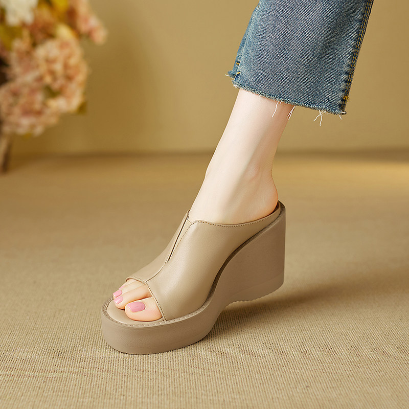 性感裸色坡跟防水台厚底露趾鱼嘴凉拖鞋女夏季新款真皮高跟一字拖,女鞋,一字拖,淘宝优惠券,粉丝福利购,淘宝优惠卷