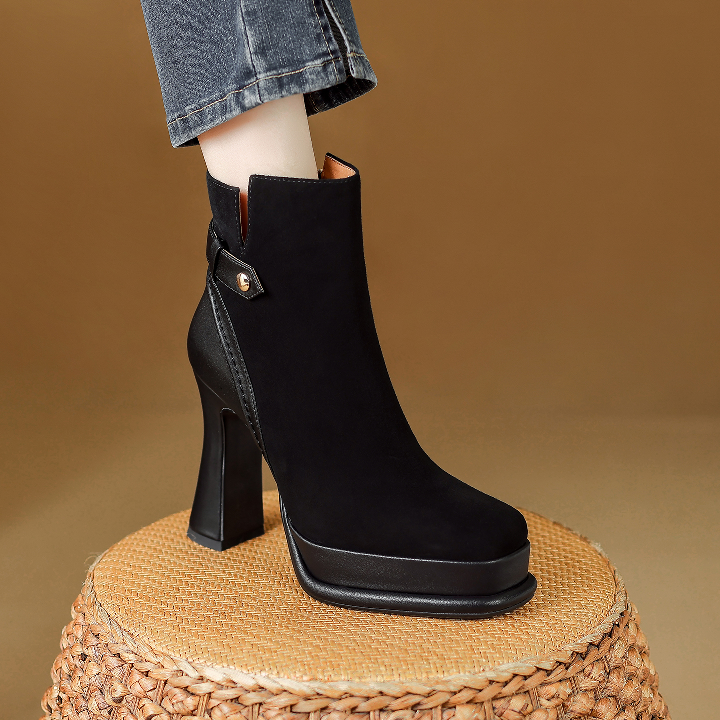 里外全皮12cm超高跟瘦瘦短靴