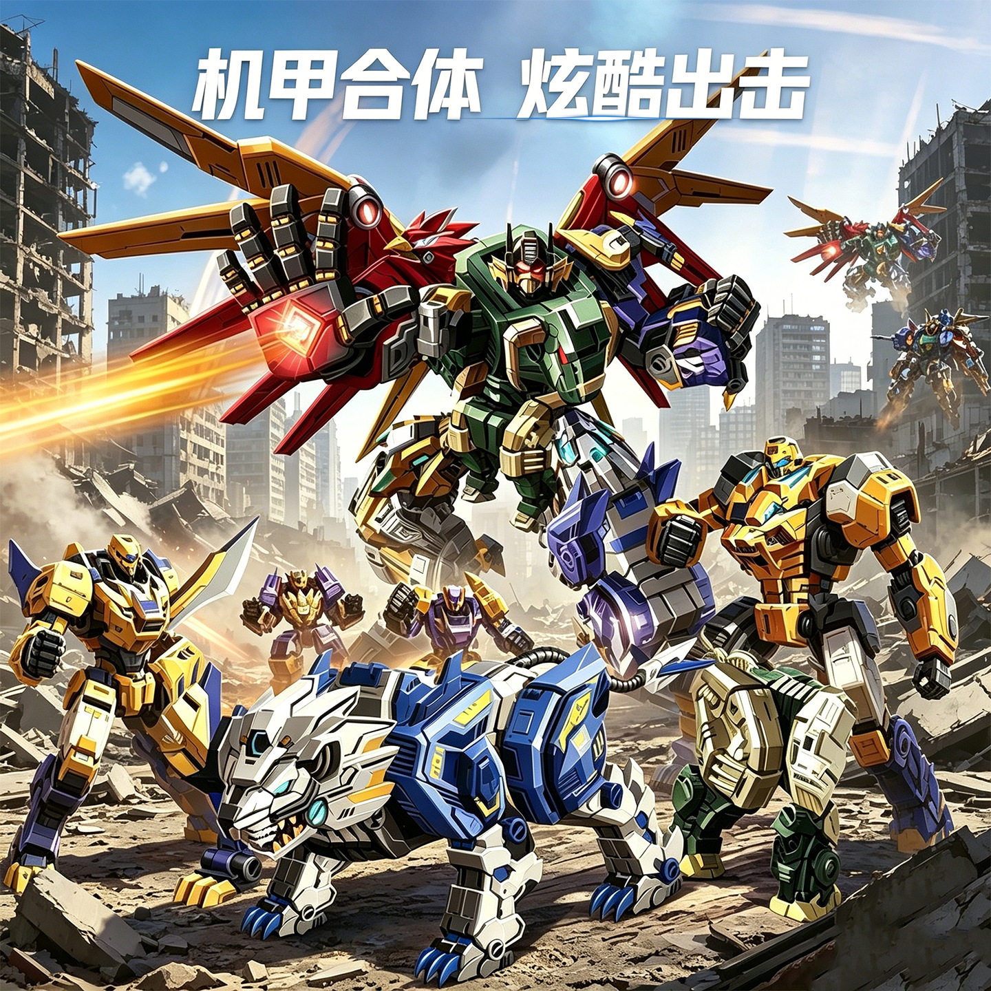 跨境五合一动物合体机甲战士益智手动变形组装机器人模型儿童玩具
