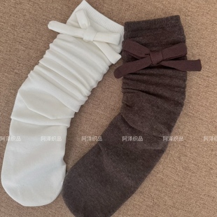 温柔秋冬色系~韩系蝴蝶结甜美中筒袜子女ins潮简约精致少女堆堆袜