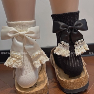 温柔大小姐 中短筒女袜子ins潮甜美可爱棉 珍珠蝴蝶结春夏网眼薄款