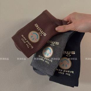 谁穿谁好看~韩系可爱笑脸中筒袜子女ins潮百搭简约个性运动长袜棉