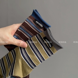 轻复古超有范儿~彩色条纹卷边中短筒袜子女ins潮百搭简约棉袜春秋