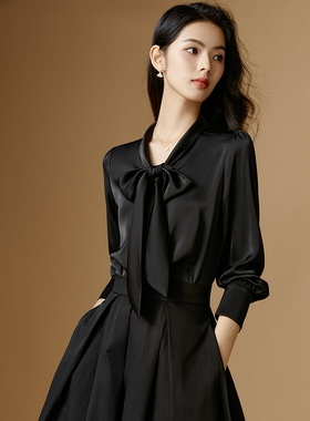 晚白春新款蝴蝶结系带领缎面黑色衬衫上衣女高级感轻奢减龄洋气
