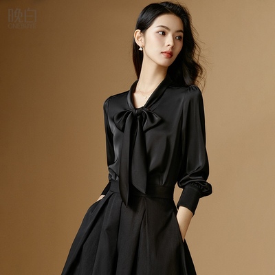 晚白纯色蝴蝶结领带垂坠衬衫