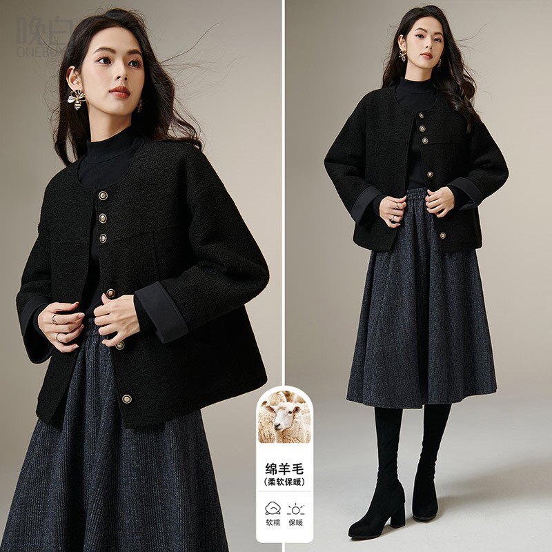 晚白2025年冬新款复古拼接圆领羊毛上衣宽松圈圈毛质感外套女