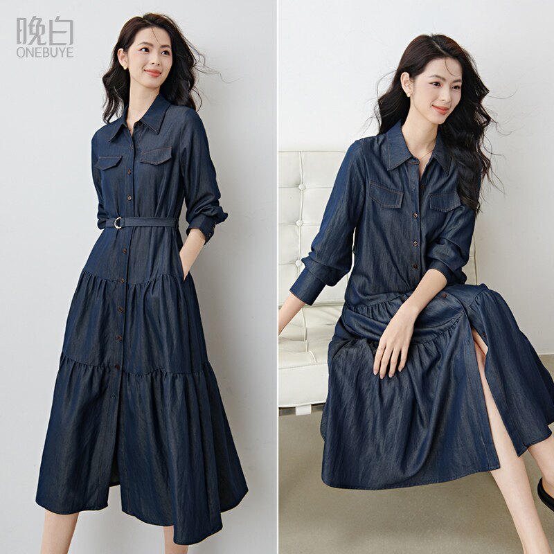 晚白2026年春新款经典丹宁蓝翻领牛仔衬衫裙系带收腰大码连衣裙