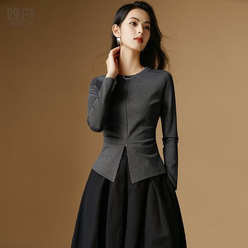 晚白纯色高弹圆领设计感T恤