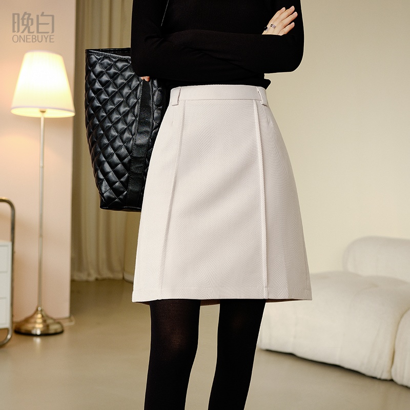 晚白高腰小a纯色通勤减龄短裙