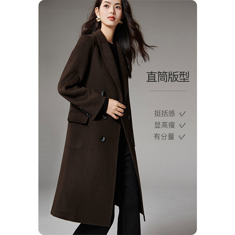 晚白冬新款气质翻驳领正肩大衣双面呢长款羊毛大衣外套女