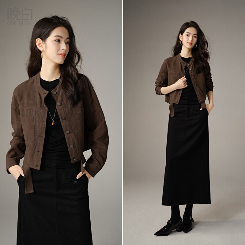 晚白2025年秋冬新款莱赛尔亚麻上衣时尚小个子洋气夹克外套女