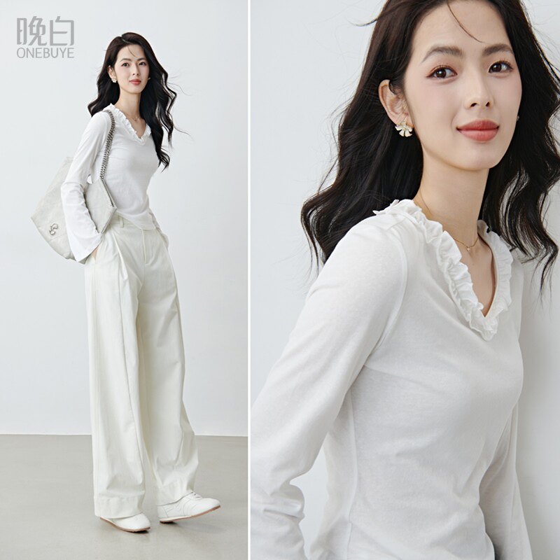 晚白2026年春新款木耳花边V领雪花棉上衣亲肤舒适百搭T恤衫女