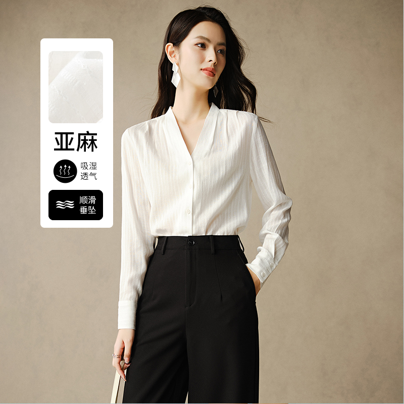 晚白2025夏季新款法式洋气棉麻亚麻长袖白色衬衫女衬衣别致上衣
