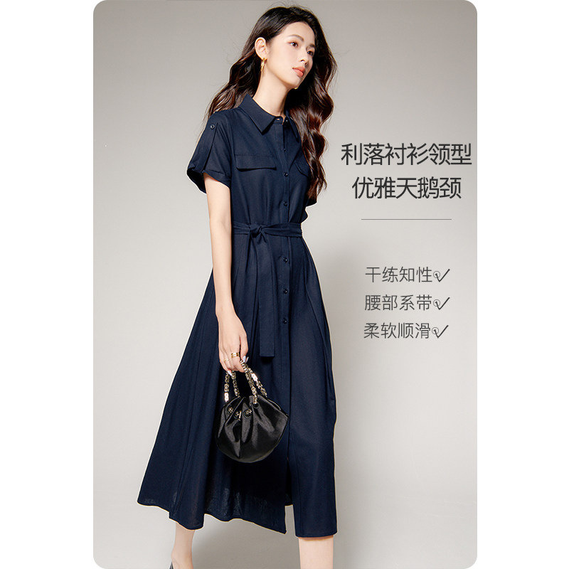 晚白2026年春新款经典翻领棉麻裙子系带收腰干练通勤短袖连衣裙