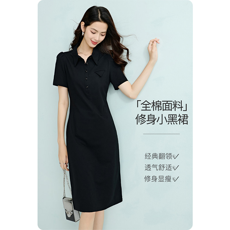 晚白2026年夏季新款100%棉polo领小黑裙胖MM显瘦时尚百