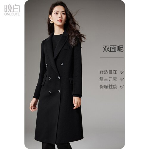 晚白纯色翻驳领减龄羊毛大衣