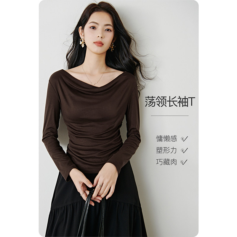 晚白2026年春新款荡领上衣超软气质显瘦亲肤柔软修身舒适T恤衫女