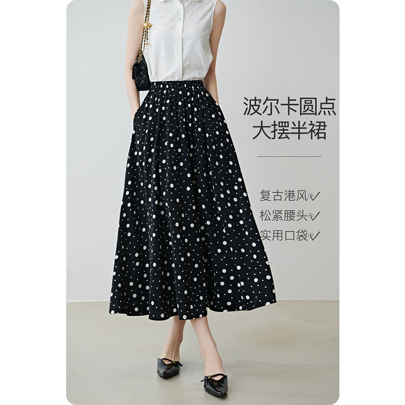 晚白2026年春新款复古波点港风松紧腰半裙带口袋遮胯大摆半身裙