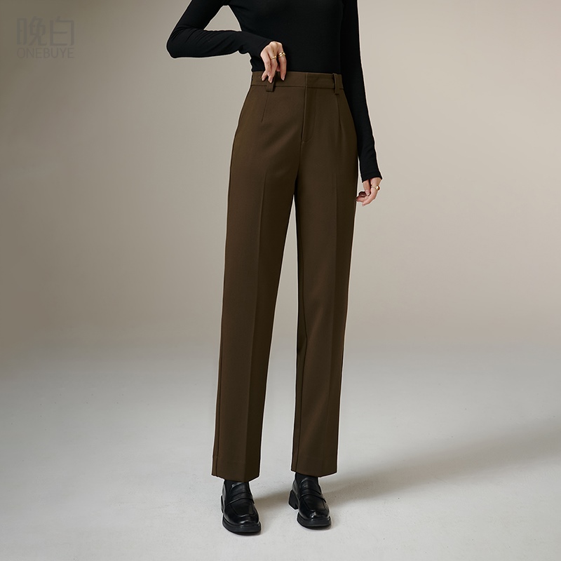 晚白纯色高腰微弹小脚西装裤