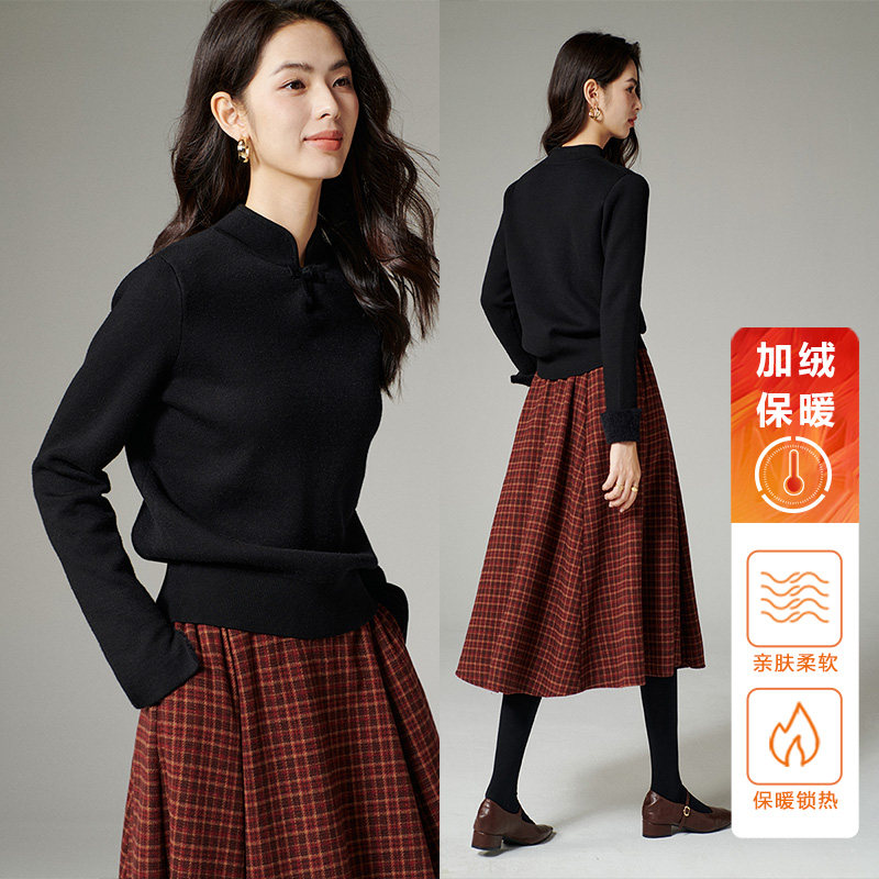 晚白2025年冬新款复古优雅端庄上衣纯色气质加绒加厚百搭针织衫女