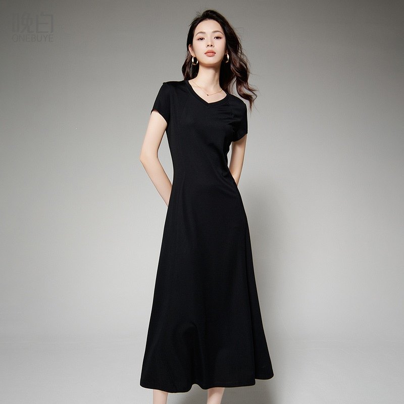 晚白【断码清仓】2025夏收腰轻熟裙子气质V领弹力短袖连衣裙