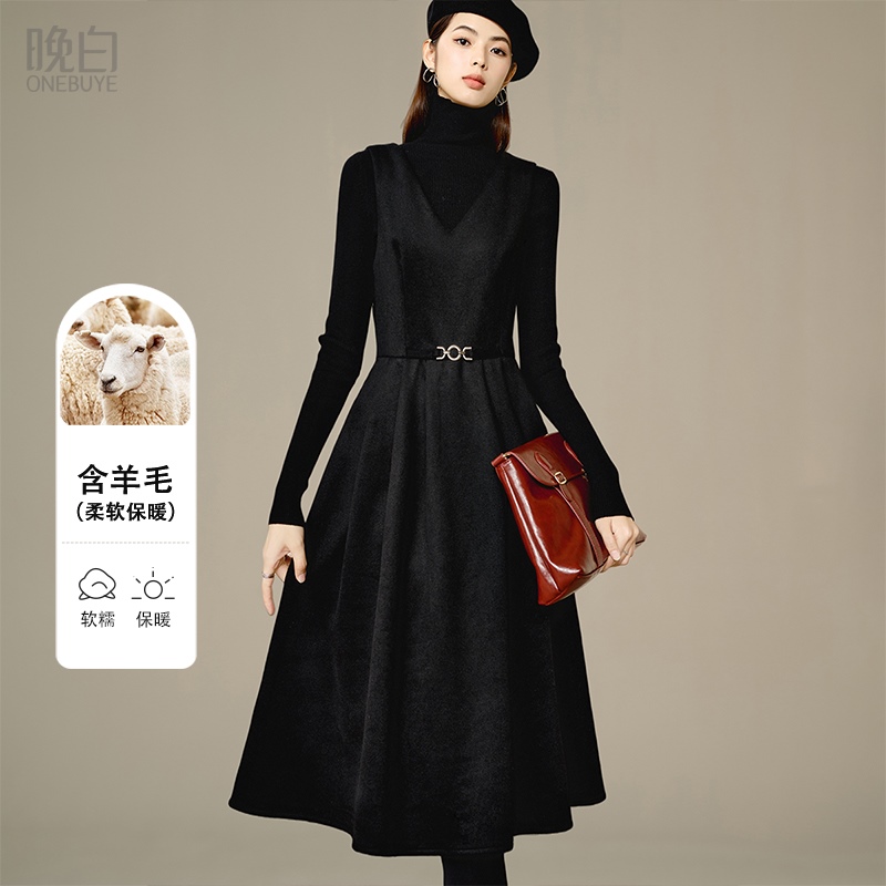 晚白纯色气质羊毛无袖连衣裙