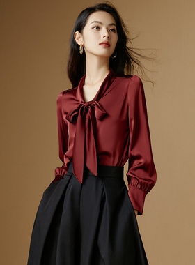 晚白红色衬衣春秋新款女装高端缎面洋气蝴蝶结通勤衬衫女别致上衣