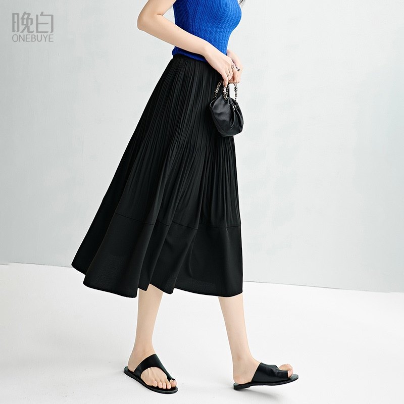 晚白【断码清仓】2025夏百褶高腰A字半身裙
