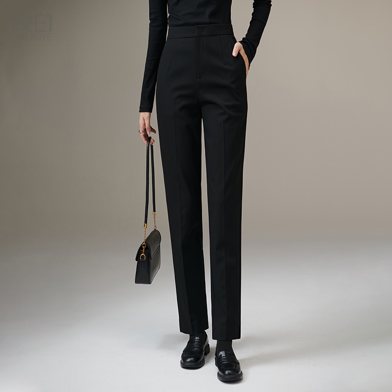 晚白纯色高腰直筒小脚休闲裤