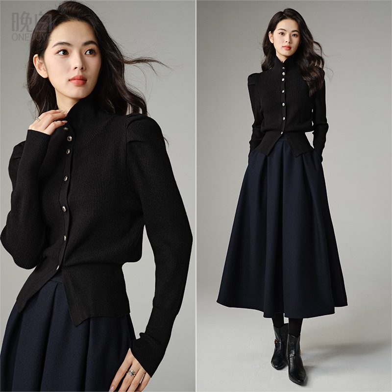 晚白纯色高弹条纹针织外套