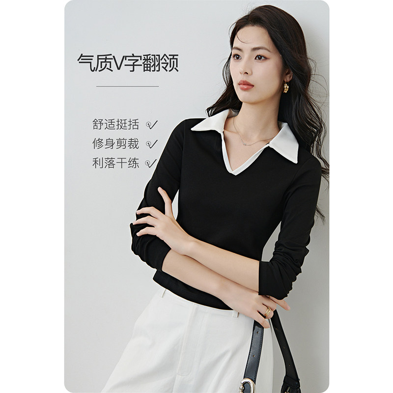晚白2026年春新款黑白撞色上衣弹力修身小个子显瘦显高T恤衫女