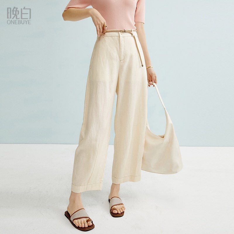 晚白【断码清仓】2025早亚麻莱赛尔极简阔腿裤裤女【不含腰带】
