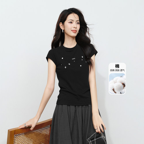 晚白冰丝加棉瘦瘦T恤女星星印花