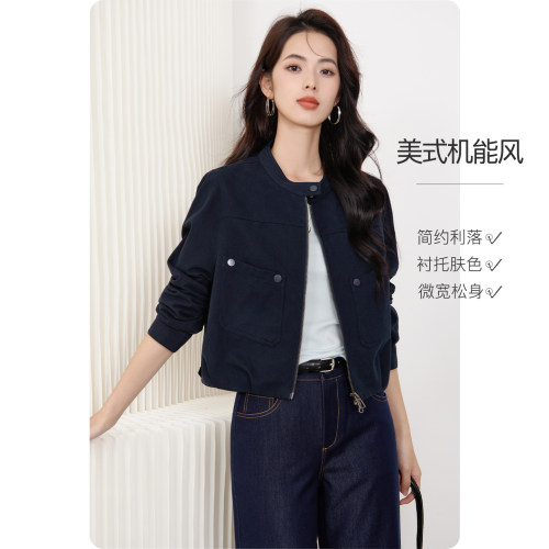 晚白棉质短外套女立领拉链双口袋