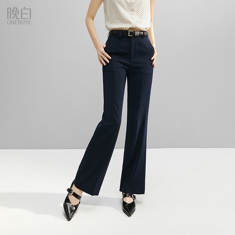 晚白纯色高腰弹力微喇休闲裤