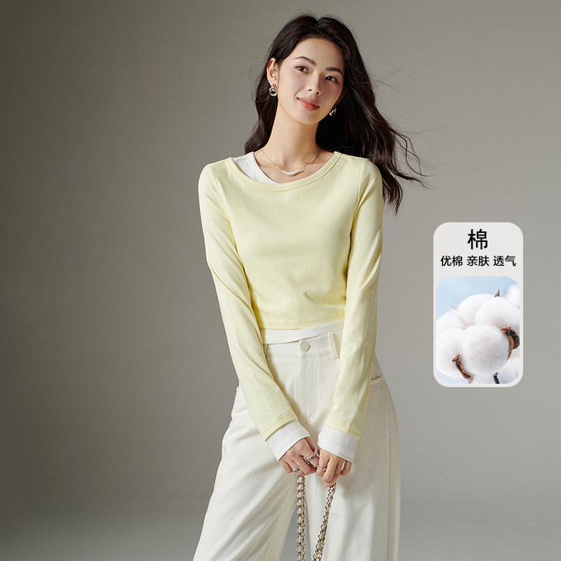 晚白【断码清仓】2025冬气质棉上衣弹力撞色假两件百搭T恤衫