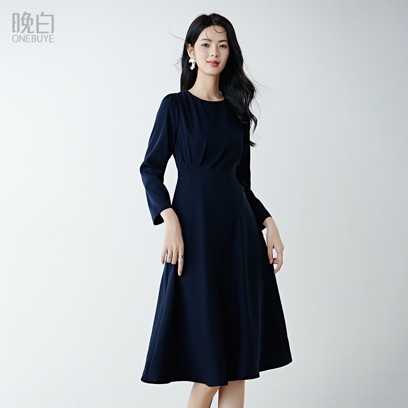晚白2026年春新款圆领纯色裙子高腰收褶气质百搭长袖连衣裙,女装/女士精品,连衣裙,淘宝优惠券,粉丝福利购,淘宝优惠卷
