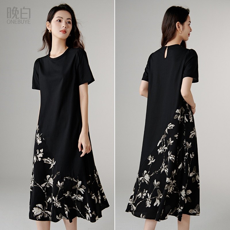 晚白2026年春新款时尚亚麻印花拼接裙子小众宽松大码短袖连衣裙