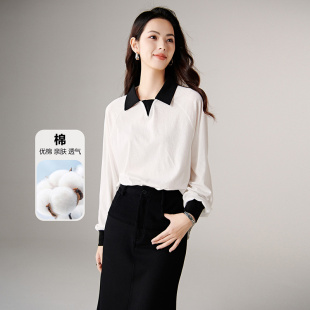 晚白2025年秋新款 女 休闲撞色亲肤棉质上衣气质翻领轻薄T恤衫