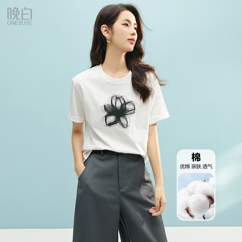 晚白2025年夏新款时尚微胖系列上衣宽松大码全棉印花宽松T恤衫女