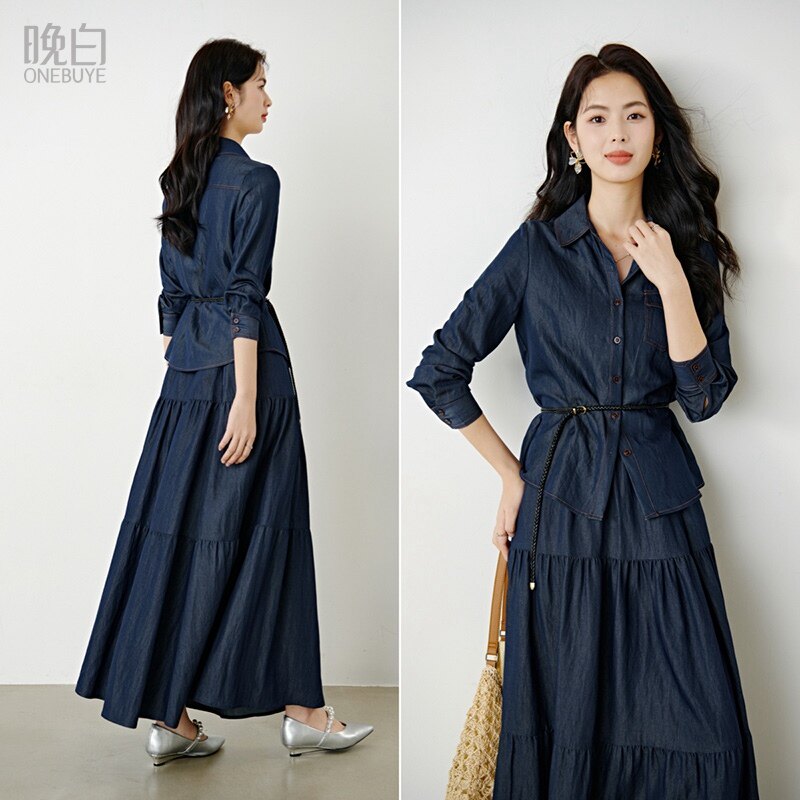 晚白2026春季新款经典丹宁蓝法式翻领牛仔衬衣高端洋气衬衫女上衣