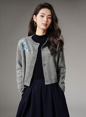 晚白2025年秋冬新款气质百搭上衣圆领时尚短针织开衫外套女