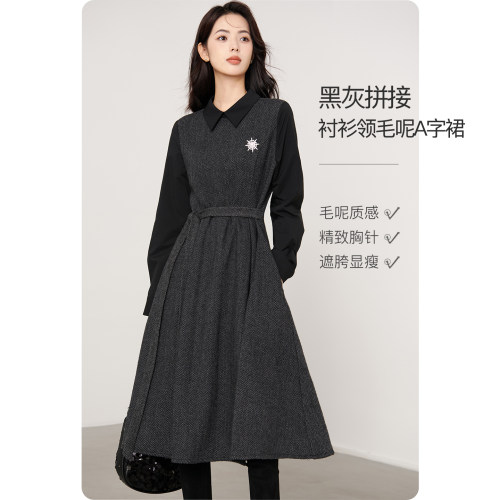 晚白配胸针绵羊毛拼色连衣裙
