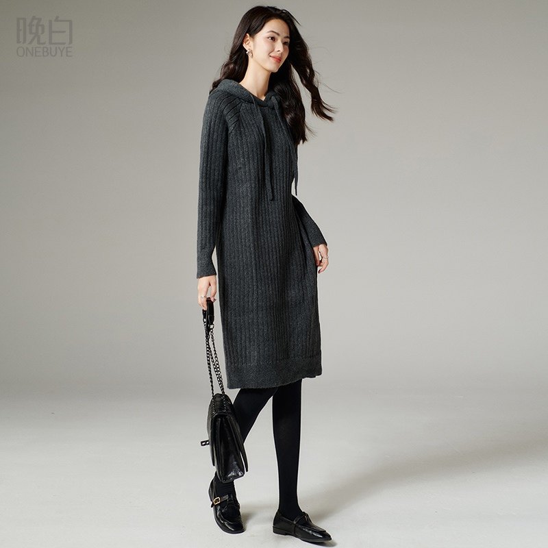 晚白【断码清仓】2026春款毛衣连帽针织连衣裙【不含腰带】,女装/女士精品,连衣裙,淘宝优惠券,粉丝福利购,淘宝优惠卷