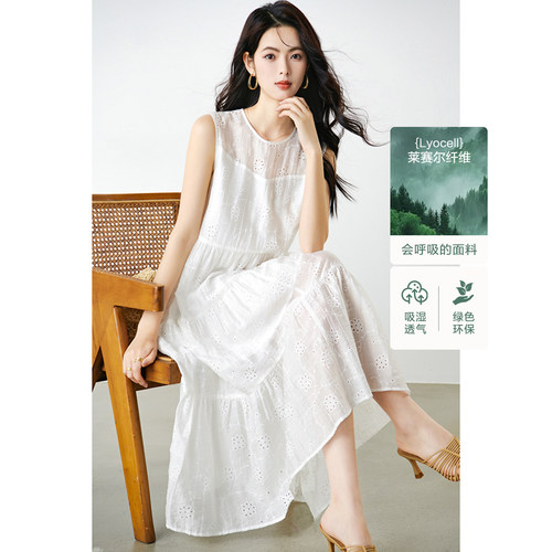 晚白莱赛尔白色无袖连衣裙女