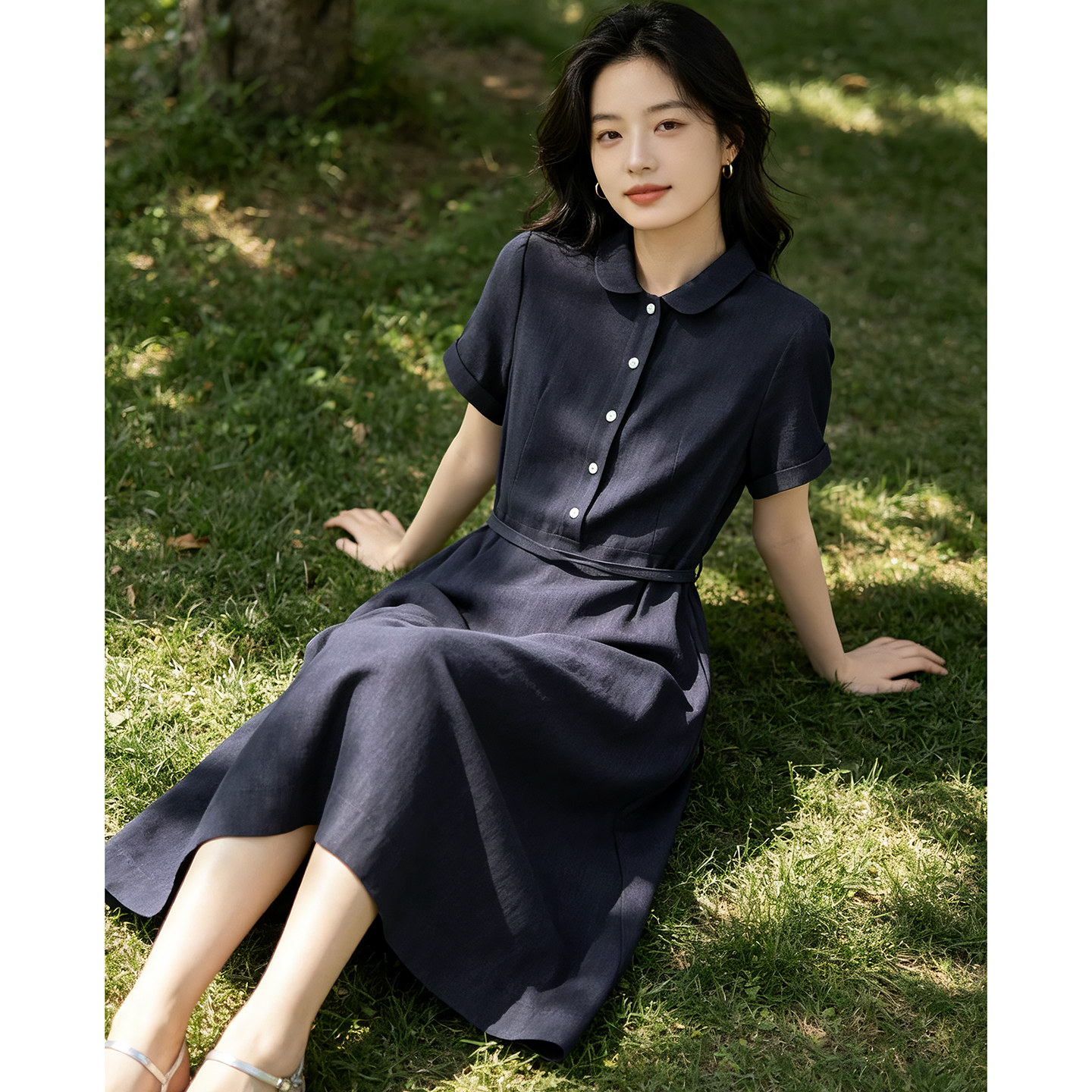 晚白冰丝牛仔蓝垂感衬衫连衣裙女2026夏新款收腰系带通勤中长裙