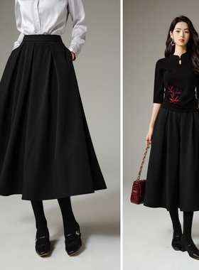 晚白2025年秋冬新款赫本风气质遮跨a字伞裙黑色通勤高腰半身裙女