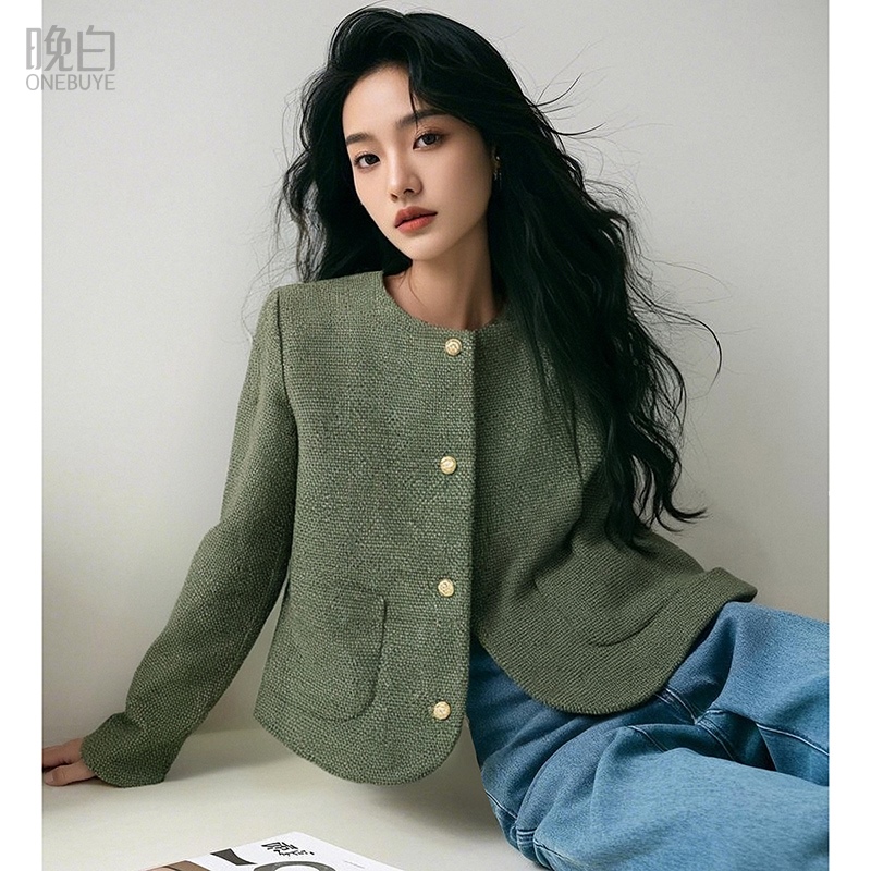 晚白2025春装新款时尚简约气质上衣洋气纯色羊毛小香风外套女