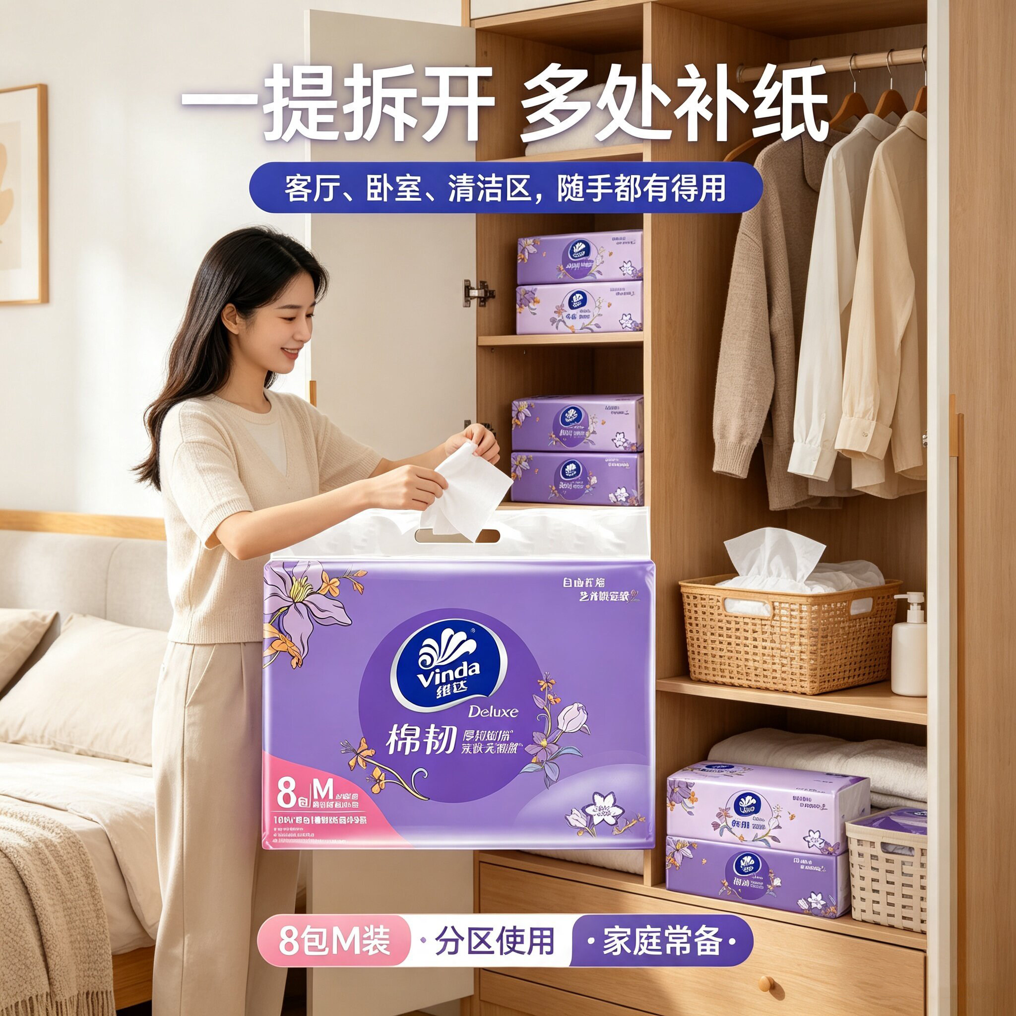 维达棉韧抽纸M码8包2提装面巾纸