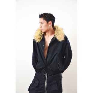 PunkFK廓形毛领外套短宽boxy垫肩尼龙夹克|涂层防水三防立领YKK链